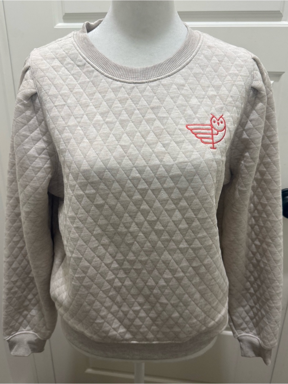 Marine Layer. Corbet Quilted Puff Sleeve Crewneck. Heather Oatmeal. Size medium. - Picture 1 of 13